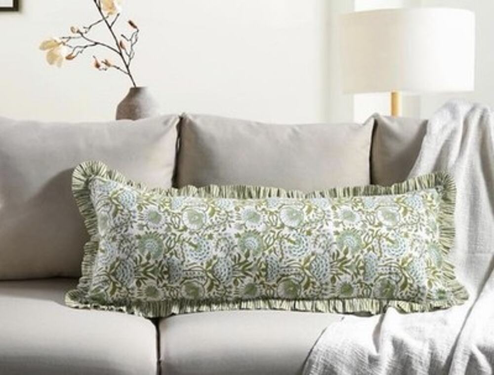 CPC Agate Green Block Print Ruffle Sham Pillow Cover 14x36 Inch